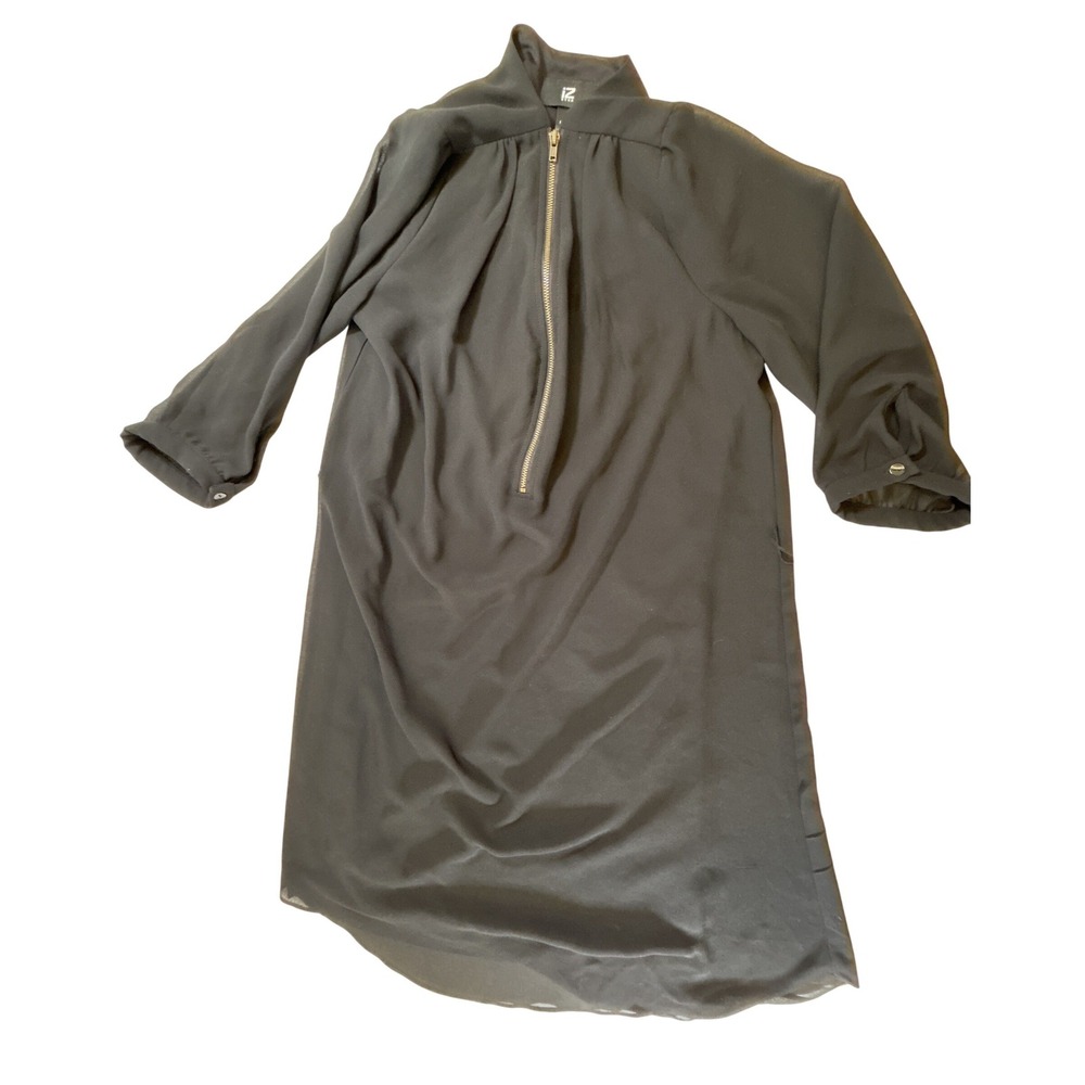 IZ Byer Womens Black Chiffon Mock Neck Zipper Front Shift Dress Medium